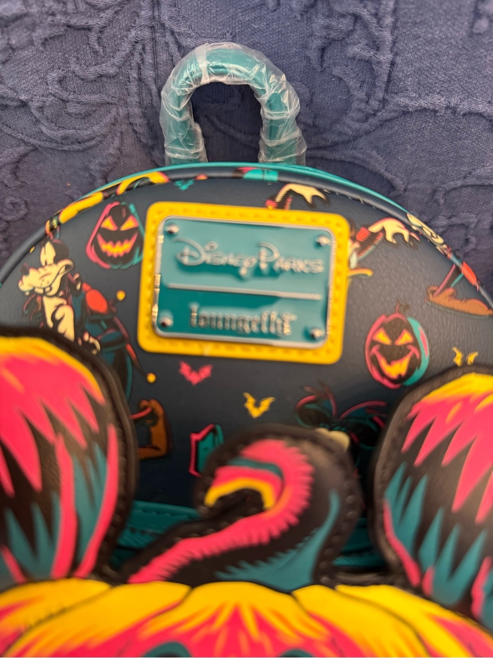 Loungefly Neon Pumpkin Mickey Kids Mini Backpack - Teal, Hot Pink, Yellow, Black - Picture 2 of 6